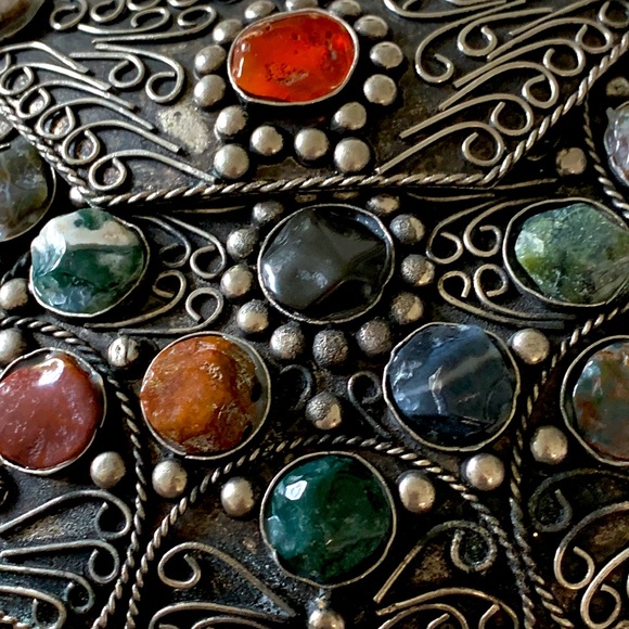 Vintage Sakai Metal Purse with Multicolor Agate Stones and Silver Chain Strap - Picture 10 of 12